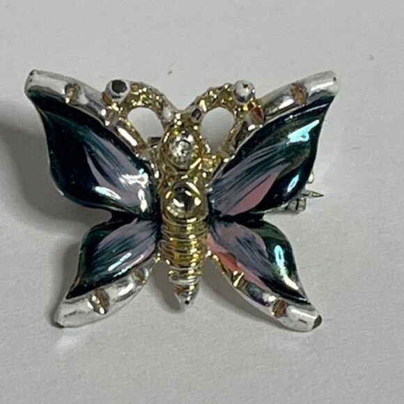 VTG Small Butterfly Brooch w/Dark Enamel Wings Rhinestones Silver-Tone .75" - Picture 1 of 7